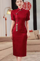 Red Jacquard Floral Midi Wedding Qipao Cheongsam Dress