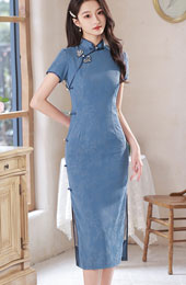 2023 Blue Floral Mid Qipao Cheongsam Dress