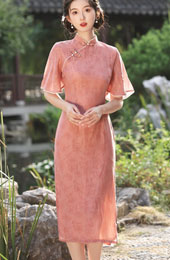 Pink Floral Flutter Sleeve Midi Cheongsam Qipao Dress