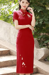 Red Embroidered Jacquard Midi Wedding Bride Cheongsam Qipao Dress