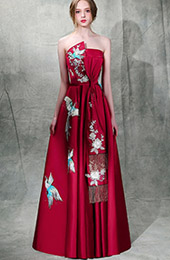 Burgundy Embroidered Maxi Strapless A-Line Evening Dress