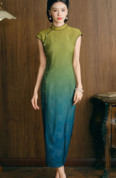 Gradient Green Jacquard Silk Cheongsam Qipao Dress