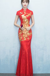 Red Sequined Phoenix Fishtail Qipao Cheongsam Wedding Dress
