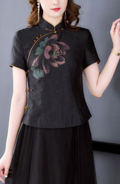 Black Floral Print Cheongsam Blouse Top