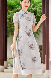 Pink Blue Floral AoDai A-Line Cheongsam Qipao Dress