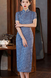 2024 Blue Floral Beads Cheongsam Qipao Dress