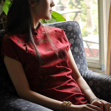 Red Short Sleeve Chinese Qipao / Cheongsam Shirt