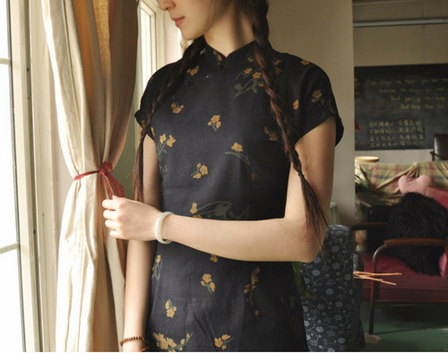 Navy Floral Short Sleeve Chinese Qipao / Cheongsam Shirt