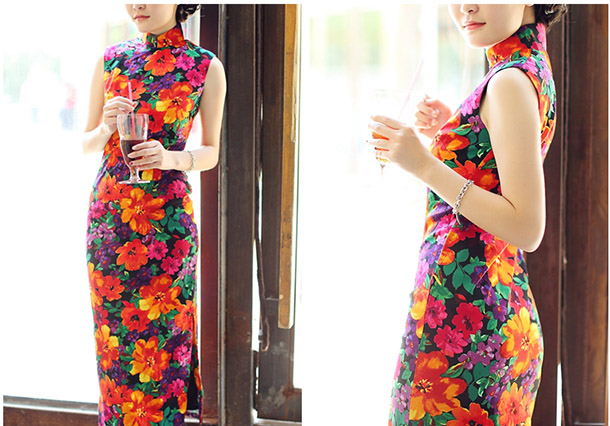 Tea-Length Linen Qipao / Cheongsam Dress in Blossom Print
