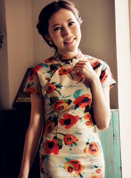 Floral Mini-length Qipao / Chinese Cheongsam Dress Floral Mini-length Qipao / Chinese Cheongsam Dress