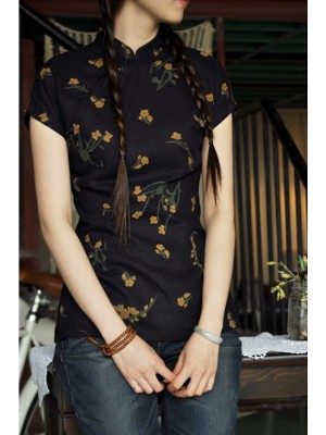 Navy Floral Short Sleeve Chinese Qipao / Cheongsam Shirt