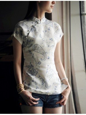 White Floral Short Sleeve Chinese Qipao / Cheongsam Shirt