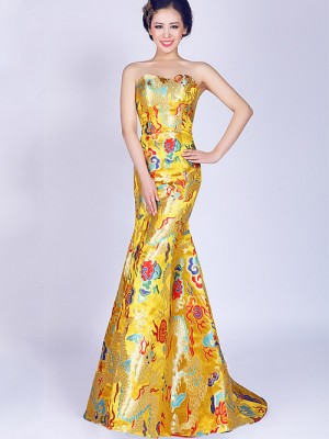 Yellow Fishtail Sweetheart Cheongsam / Qipao / Chinese Wedding / Evening Dress