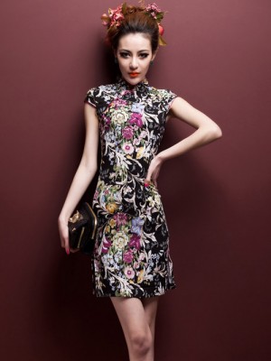 Black Floral Stretchy Cheongsam / Chinese Qipao Dress