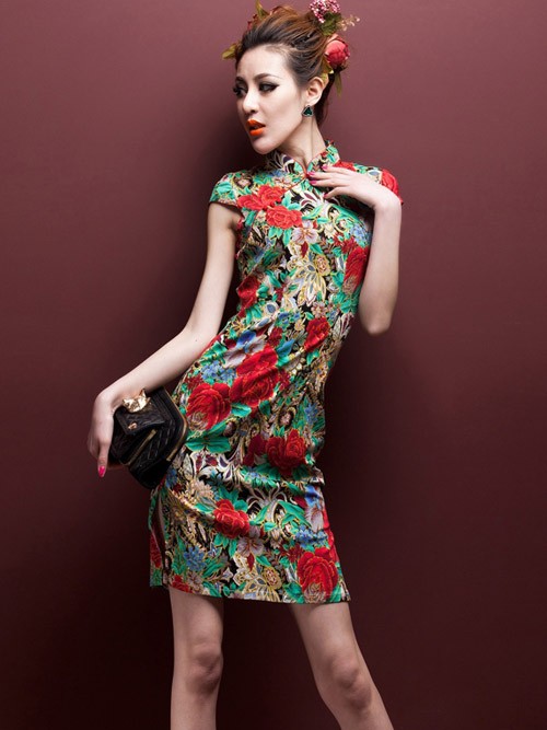 Green Floral Stretchy Cheongsam / Qipao / Chinese Dress