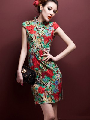 Green Floral Stretchy Cheongsam / Qipao / Chinese Dress