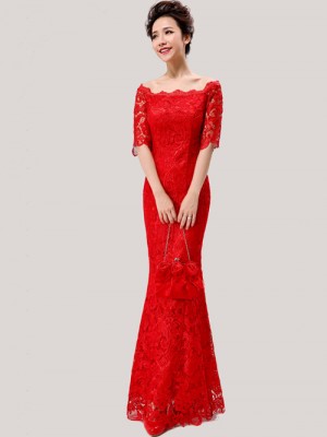 Red Lace Off-shoulder Floor-length Cheongsam / Qipao / Chinese Wedding Dress