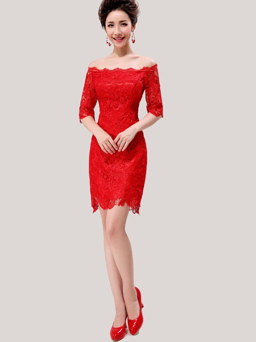 Red Lace Off-shoulder Short Cheongsam / Qipao / Chinese Wedding Dress