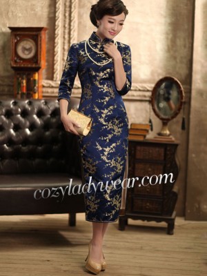 Blue 3/4 Sleeves Floral Silk Winter Qipao Cheongsam Dress Clearance