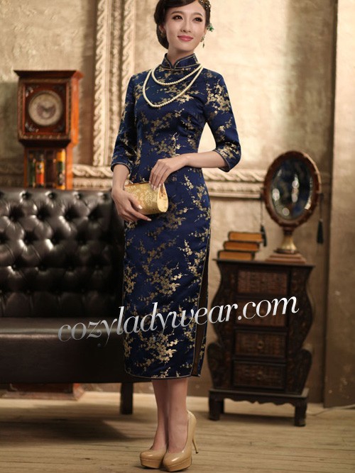 Blue 3/4 Sleeves Mid Floral Silk Qipao / Cheongsam / Chinese Dress for Winter