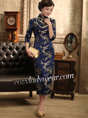 Blue 3/4 Sleeves Mid Floral Silk Qipao / Cheongsam / Chinese Dress for Winter
