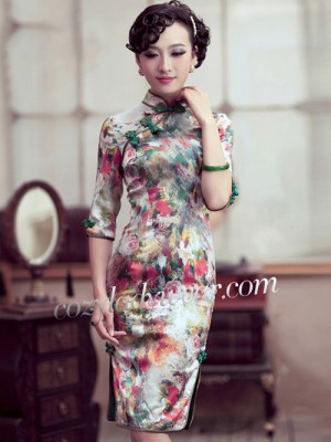 Clearance Floral Mulberry Silk Half Sleeve Qipao Cheongsam Dress