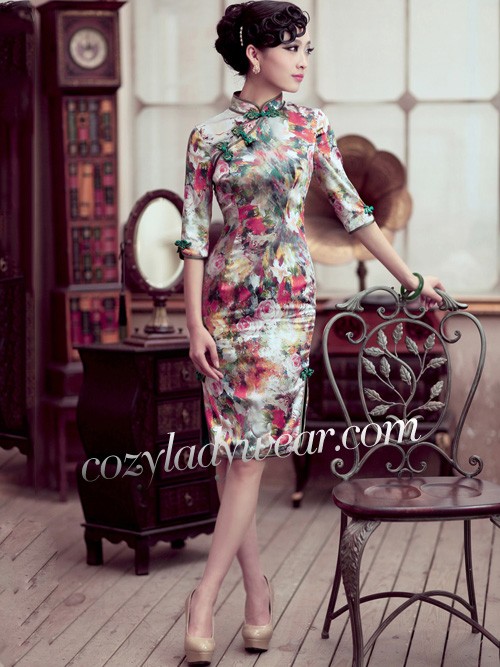 3/4 Sleeves Mid Floral Silk Qipao / Cheongsam / Chinese Dress for Winter