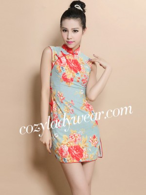 Blue Custom Tailored Short Floral Qipao / Cheongsam Dress