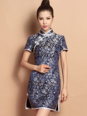 Blue Custom Tailored Short Floral Silk Qipao / Cheongsam Dress