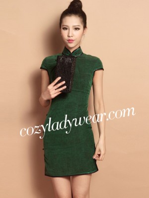 Green Custom Tailored Short Silk Qipao / Cheongsam Dress