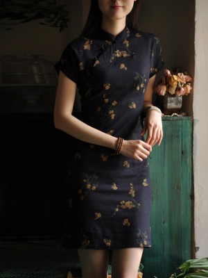 Dark Blue Short Floral Cheongsam / Qipao Dress
