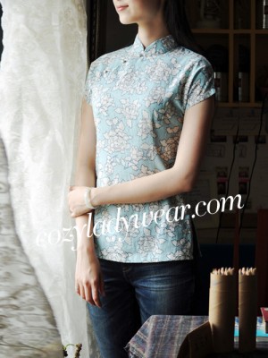 Blue Floral Short Sleeve Qipao / Cheongsam Shirt