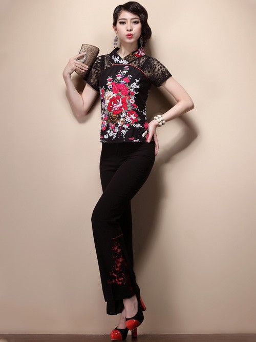 Black Lace Insert Floral Chinese Qipao / Cheongsam Shirt