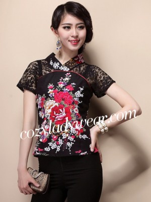 Black Lace Insert Floral Chinese Qipao / Cheongsam Shirt