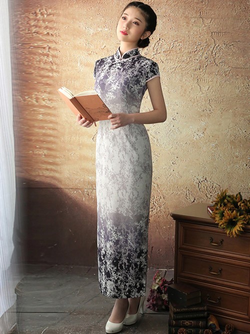 Fading Gray Floral Ankle-length Qipao / Cheongsam Dress