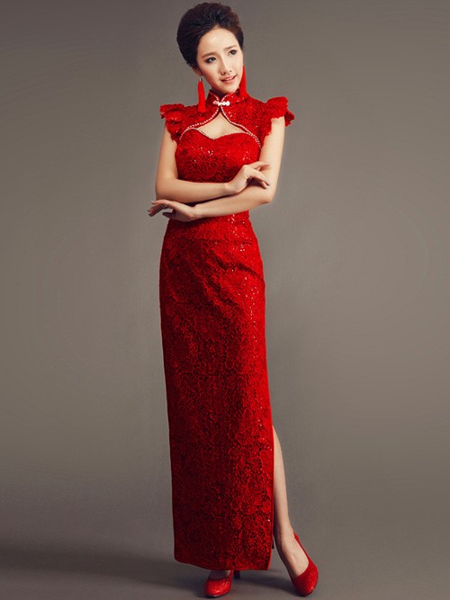 Red Ankle-length Lace Cheongsam / Qipao Wedding Dress with Key Hole