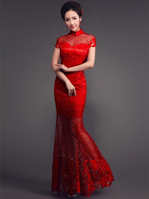 Red Fishtail Cheongsam / Qipao Wedding Dress with Sheer Lace Panels