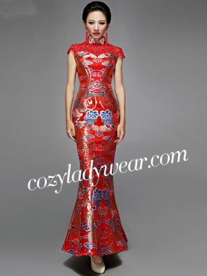 Red Fishtail Cheongsam / Qipao Dress with Phoenix Pattern