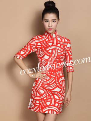 Red Contrast Custom Tailored Linen Qipao / Cheongsam Dress