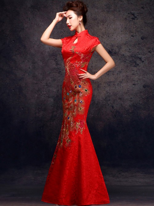 Red Ankle-length Phoenix Cheongsam /Qipao / Chinese Wedding Dress