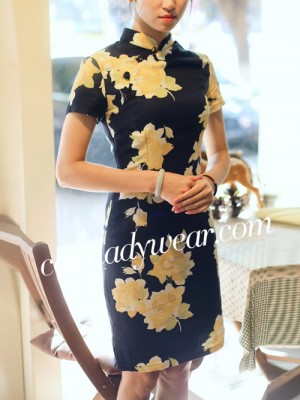 Black Short Linen Qipao / Cheongsam Dress in Contrast Floral Print