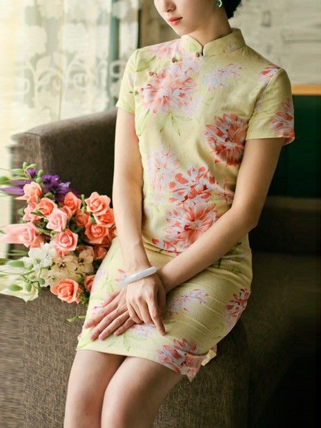Yellow Short Floral Linen Qipao / Cheongsam Dress Yellow Short Floral Linen Qipao / Cheongsam Dress