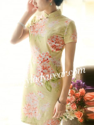 Yellow Short Floral Linen Qipao / Cheongsam Dress