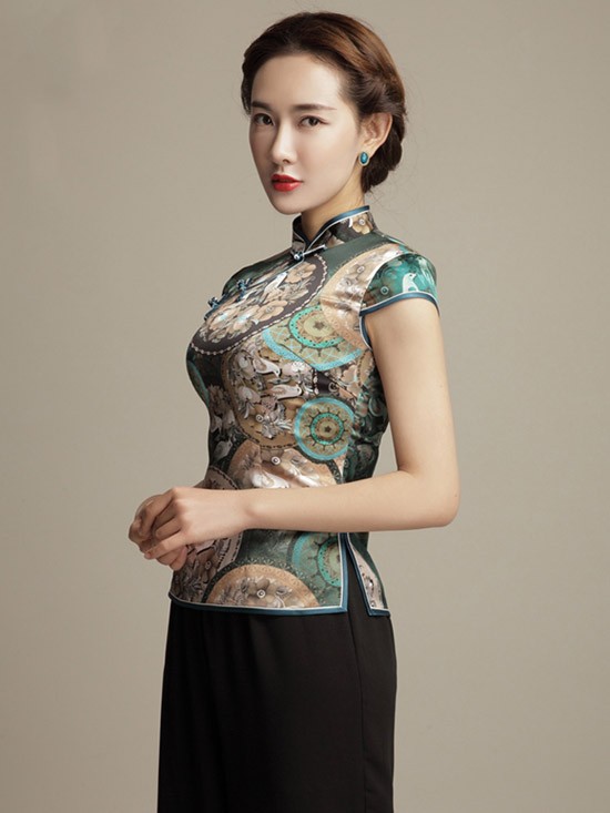 Green Mulberry Silk Mandarin Collar Qipao / Cheongsam Shirt with Retro Print