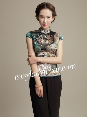 Green Mulberry Silk Mandarin Collar Qipao / Cheongsam Shirt with Retro Print