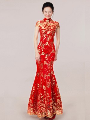 Red Ankle-length Sequined Fishtail Cheongsam / Qipao Wedding Dress