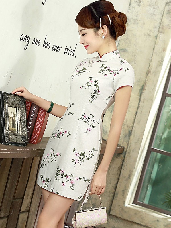 Beige Short Floral Linen Qipao / Cheongsam Dress