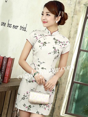 Beige Short Floral Linen Qipao / Cheongsam Dress