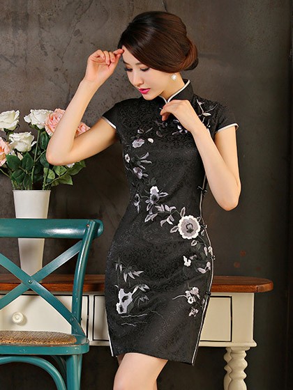 Floral Embroidery Cotton Qipao / Cheongsam Dress