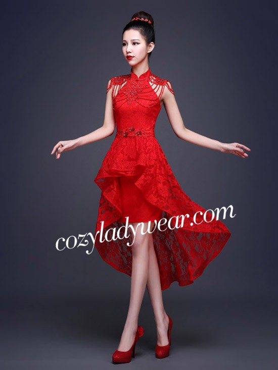 Lace Beads Qipao / Cheongsam Wedding Dress with High Low Hem - cozyladywear